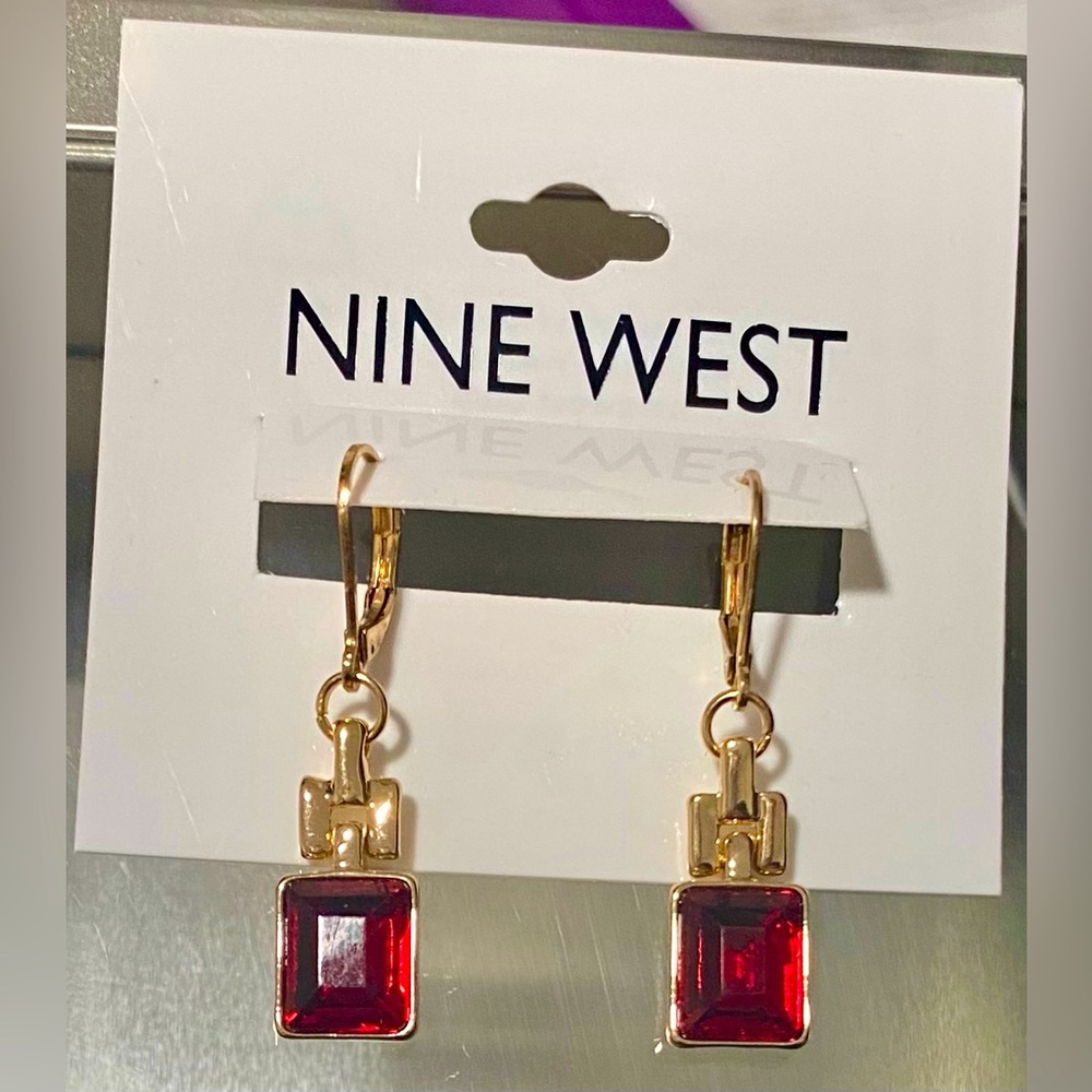 Nine West Red Faceted Stone & Gold Tone Dangle Earrings NWT